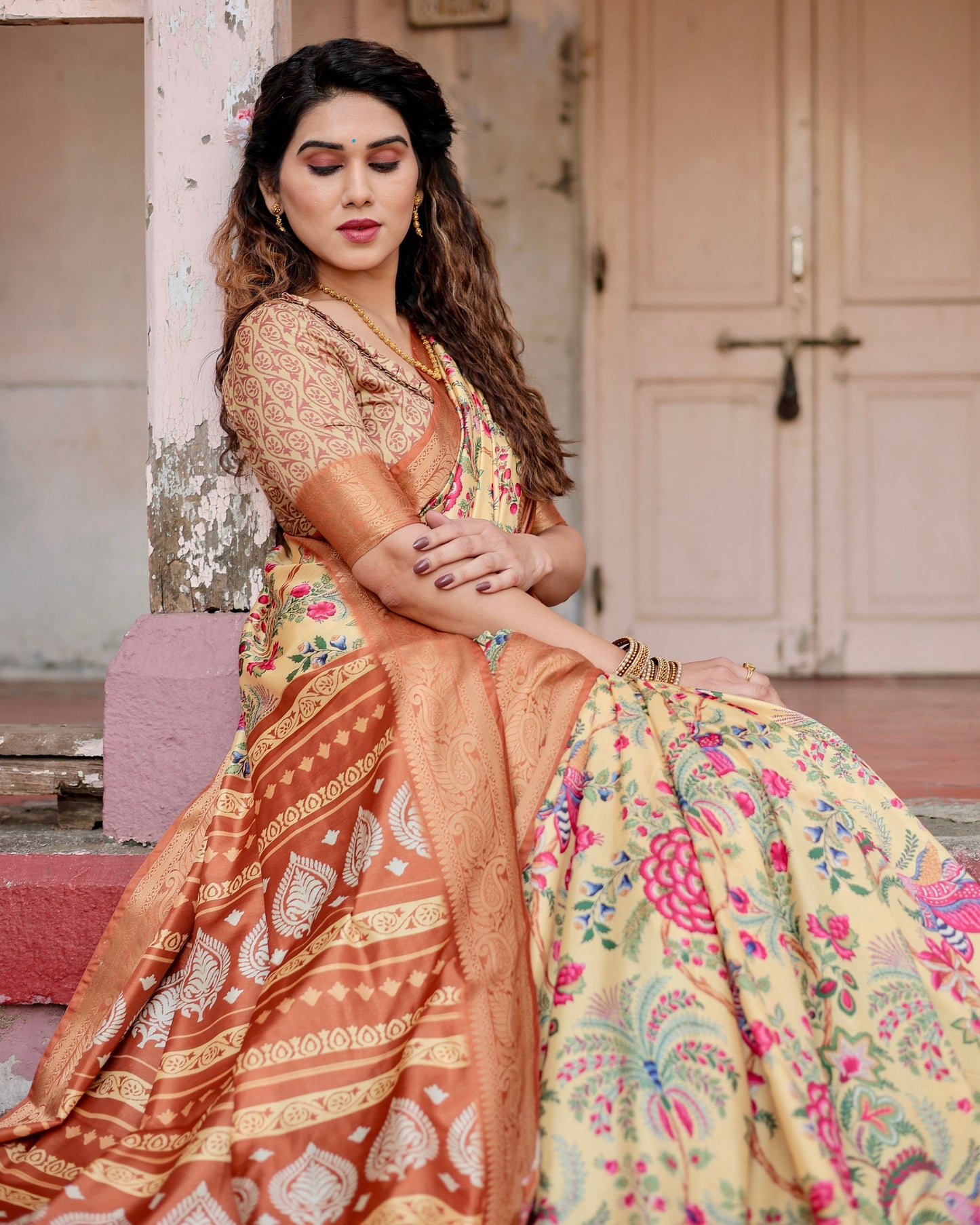 PURE SILK DIGITALLY PRINTED SAREE WEAVED WITH GOLDEN ZARI COMES WITH TASSELS