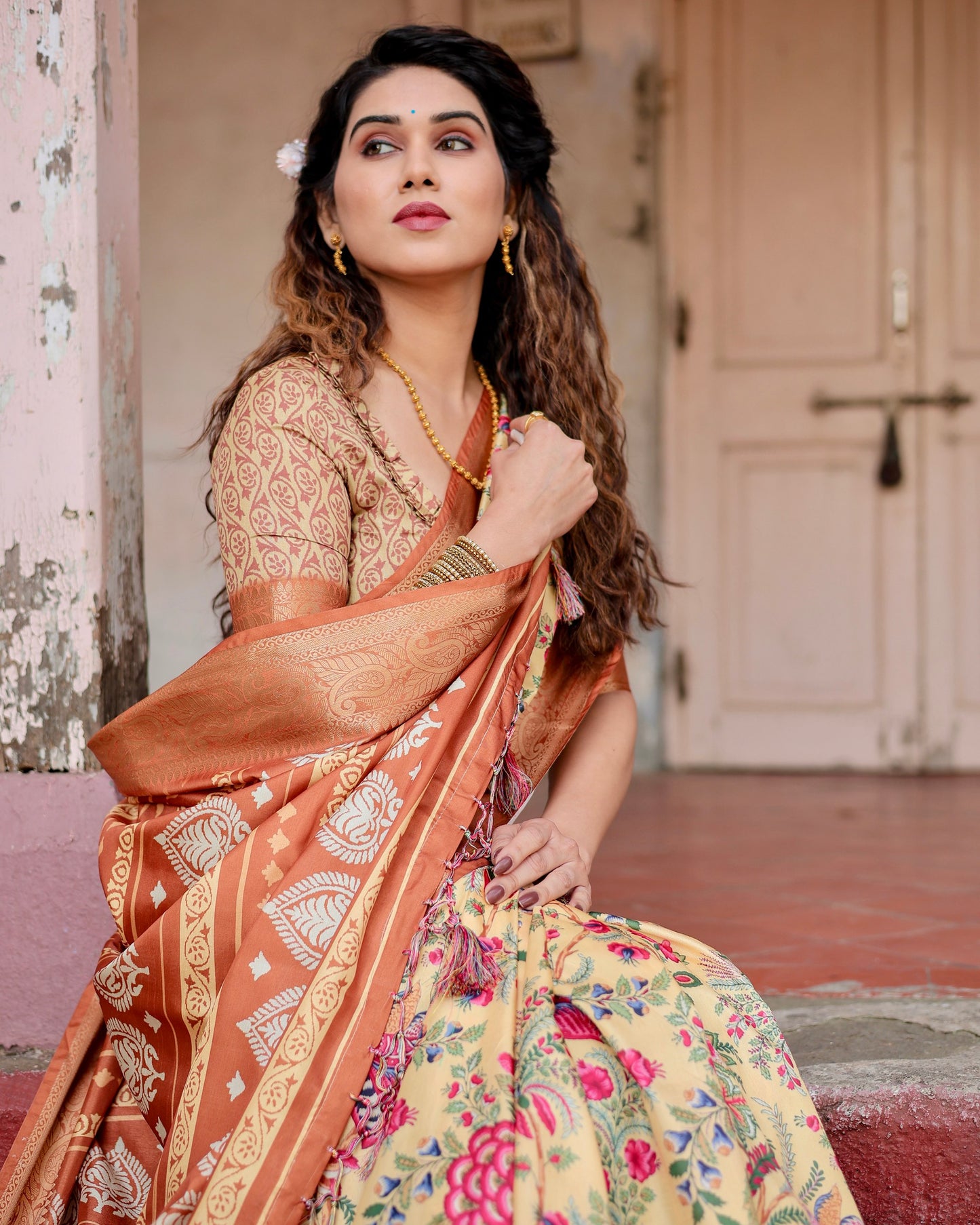 PURE SILK DIGITALLY PRINTED SAREE WEAVED WITH GOLDEN ZARI COMES WITH TASSELS