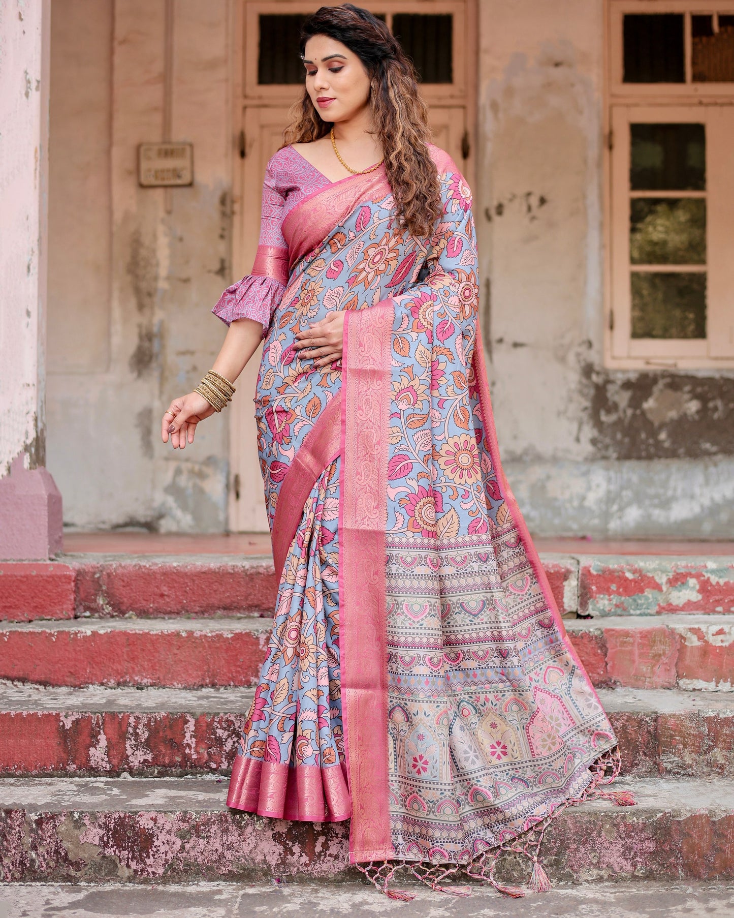 PURE SILK DIGITALLY PRINTED SAREE WEAVED WITH GOLDEN ZARI COMES WITH TASSELS
