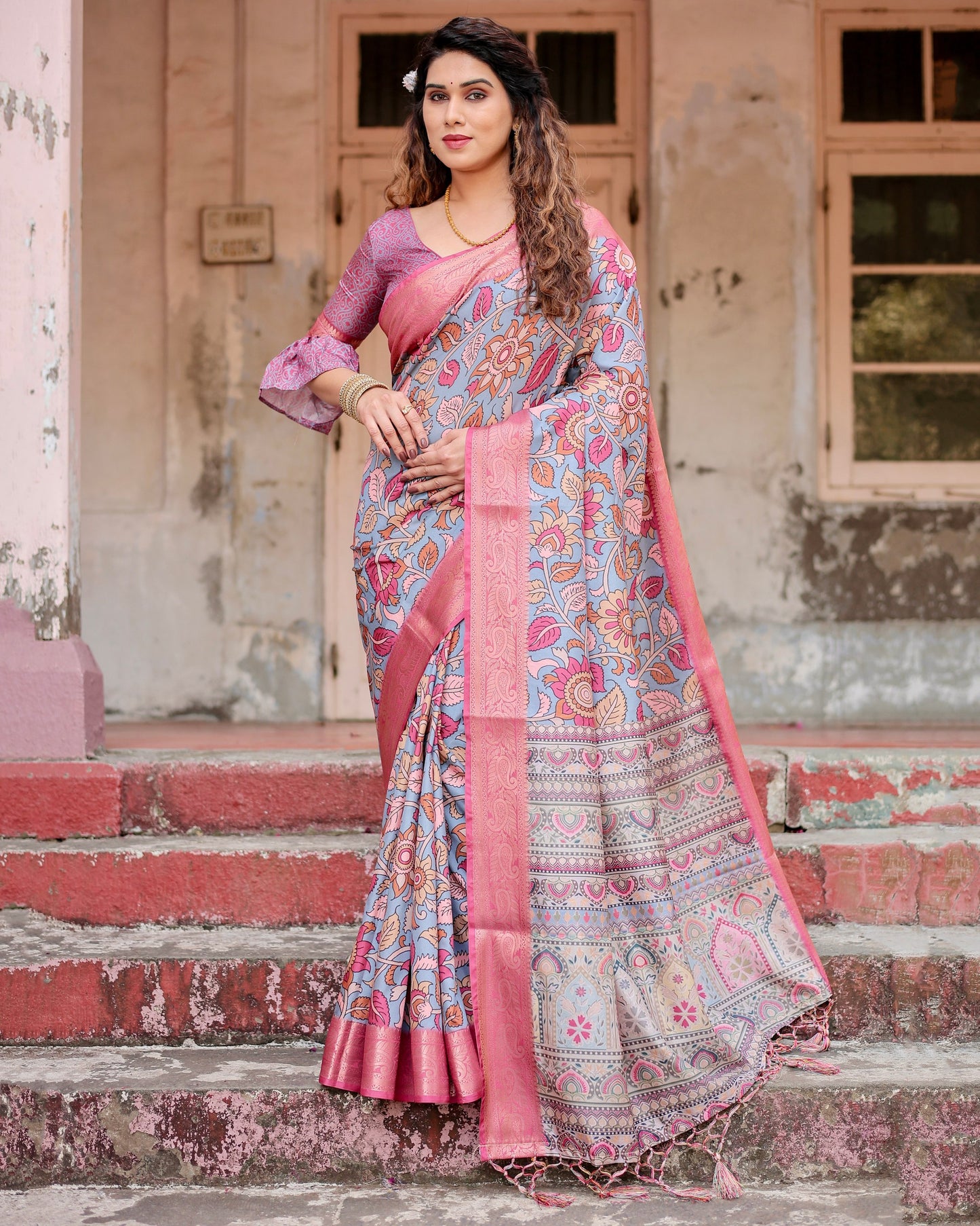 PURE SILK DIGITALLY PRINTED SAREE WEAVED WITH GOLDEN ZARI COMES WITH TASSELS