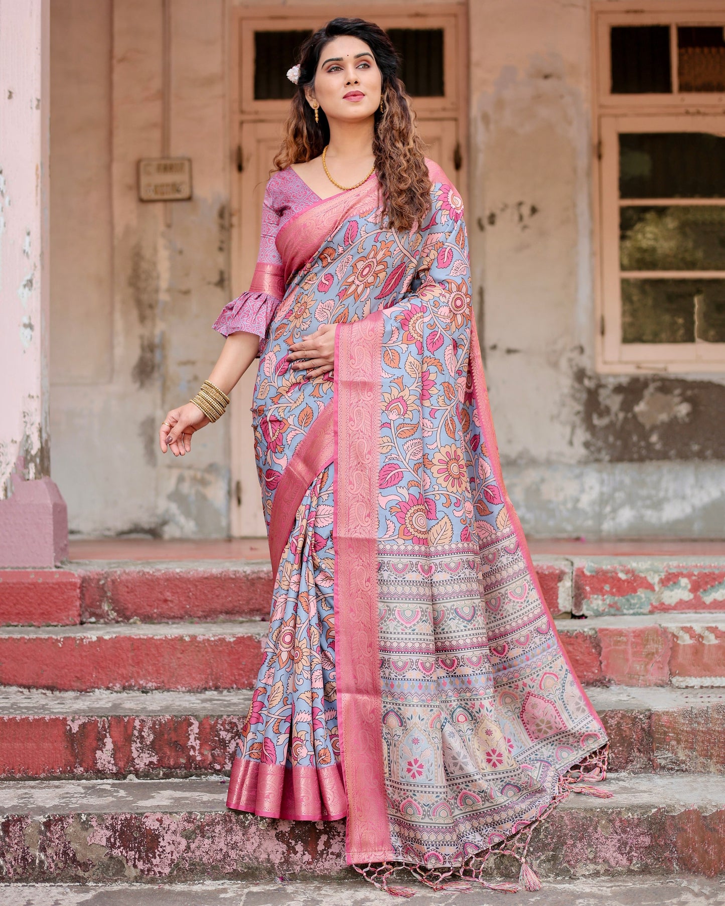 PURE SILK DIGITALLY PRINTED SAREE WEAVED WITH GOLDEN ZARI COMES WITH TASSELS
