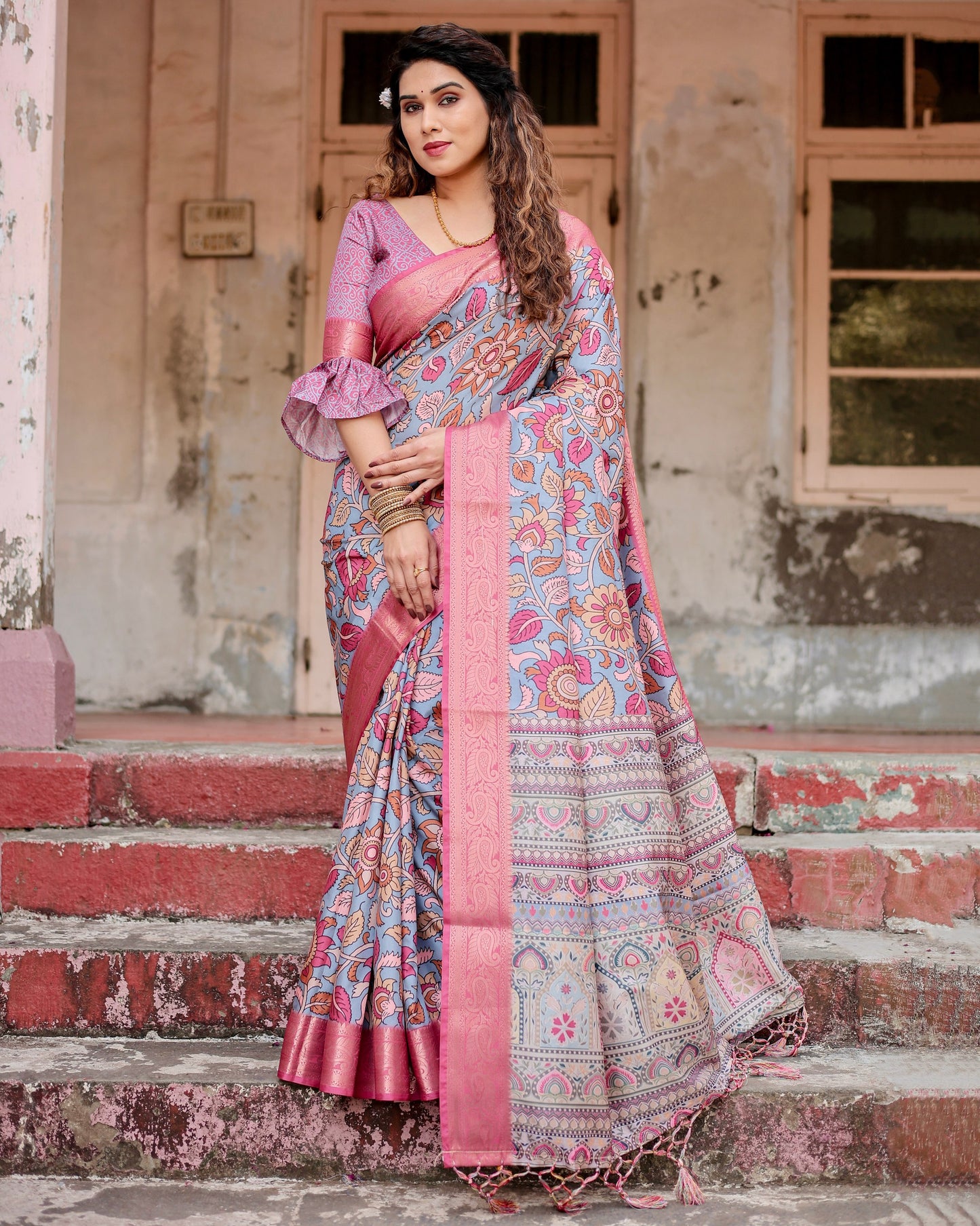 PURE SILK DIGITALLY PRINTED SAREE WEAVED WITH GOLDEN ZARI COMES WITH TASSELS