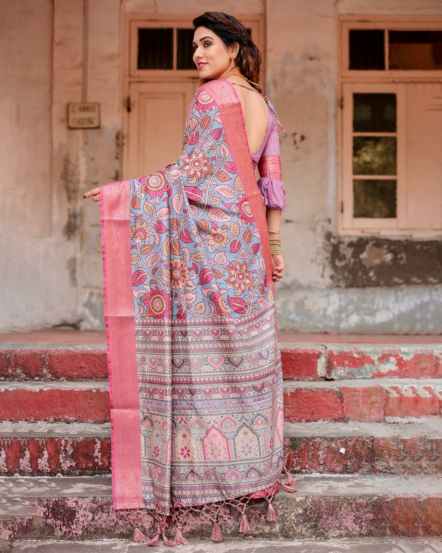 PURE SILK DIGITALLY PRINTED SAREE WEAVED WITH GOLDEN ZARI COMES WITH TASSELS