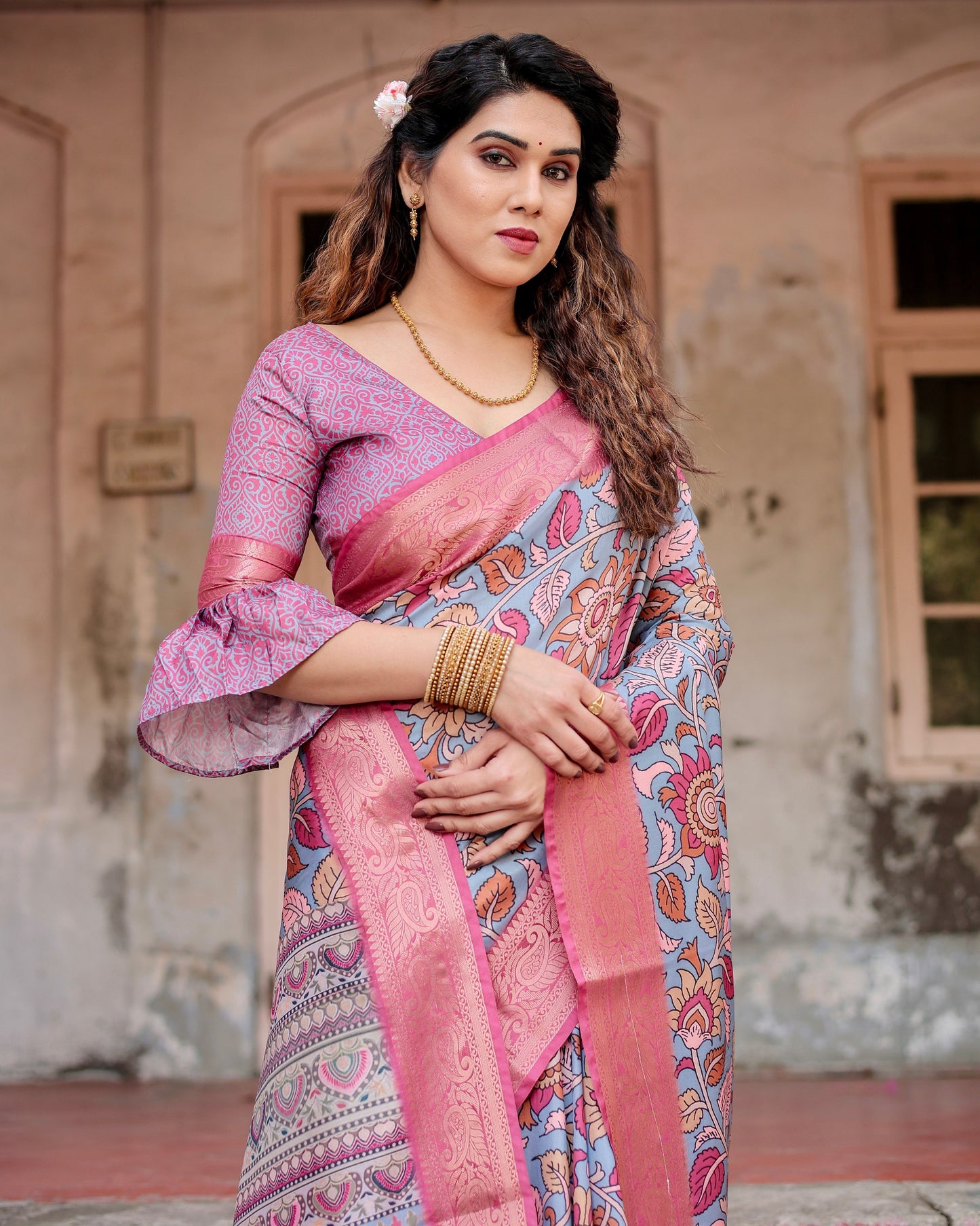 PURE SILK DIGITALLY PRINTED SAREE WEAVED WITH GOLDEN ZARI COMES WITH TASSELS