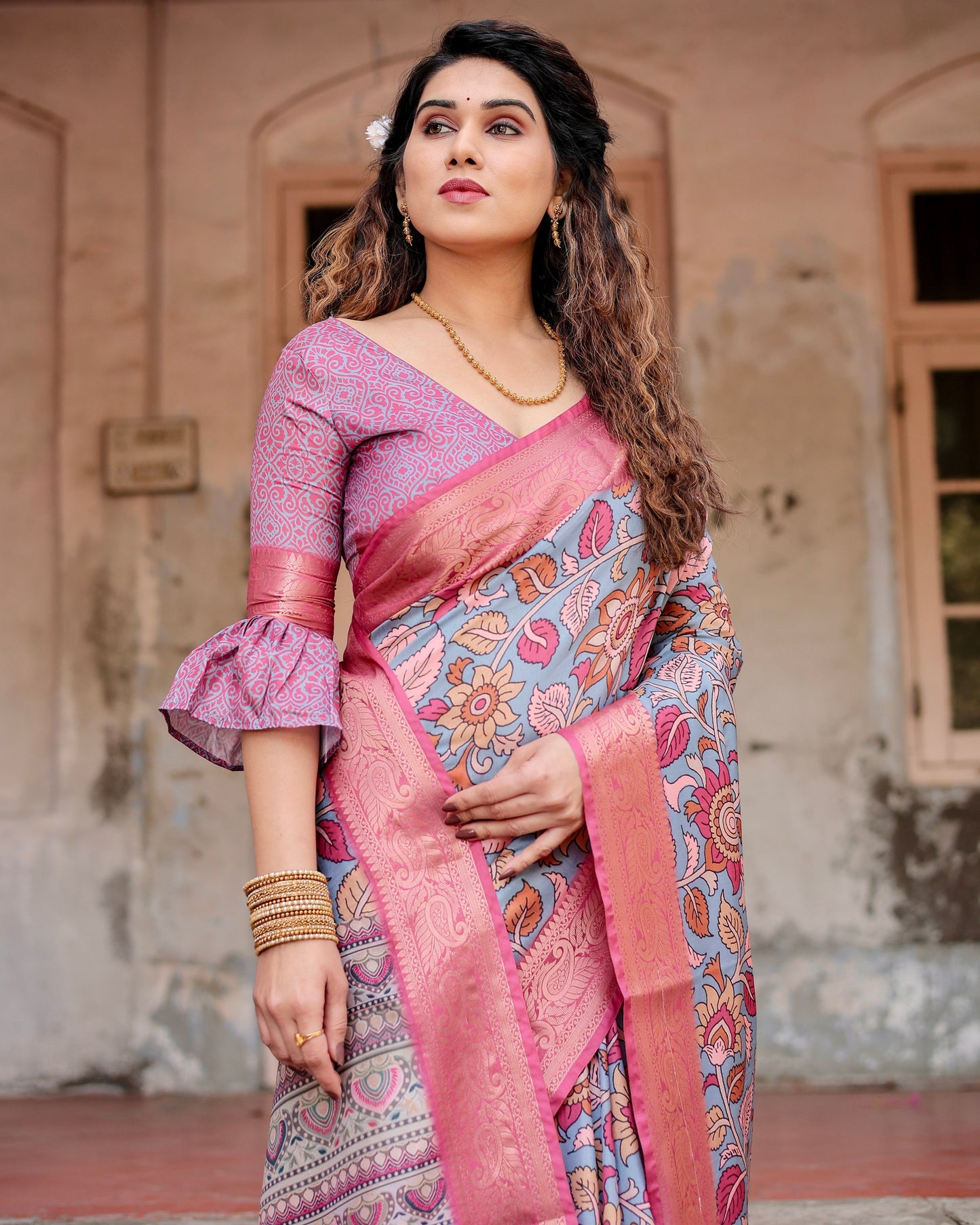 PURE SILK DIGITALLY PRINTED SAREE WEAVED WITH GOLDEN ZARI COMES WITH TASSELS