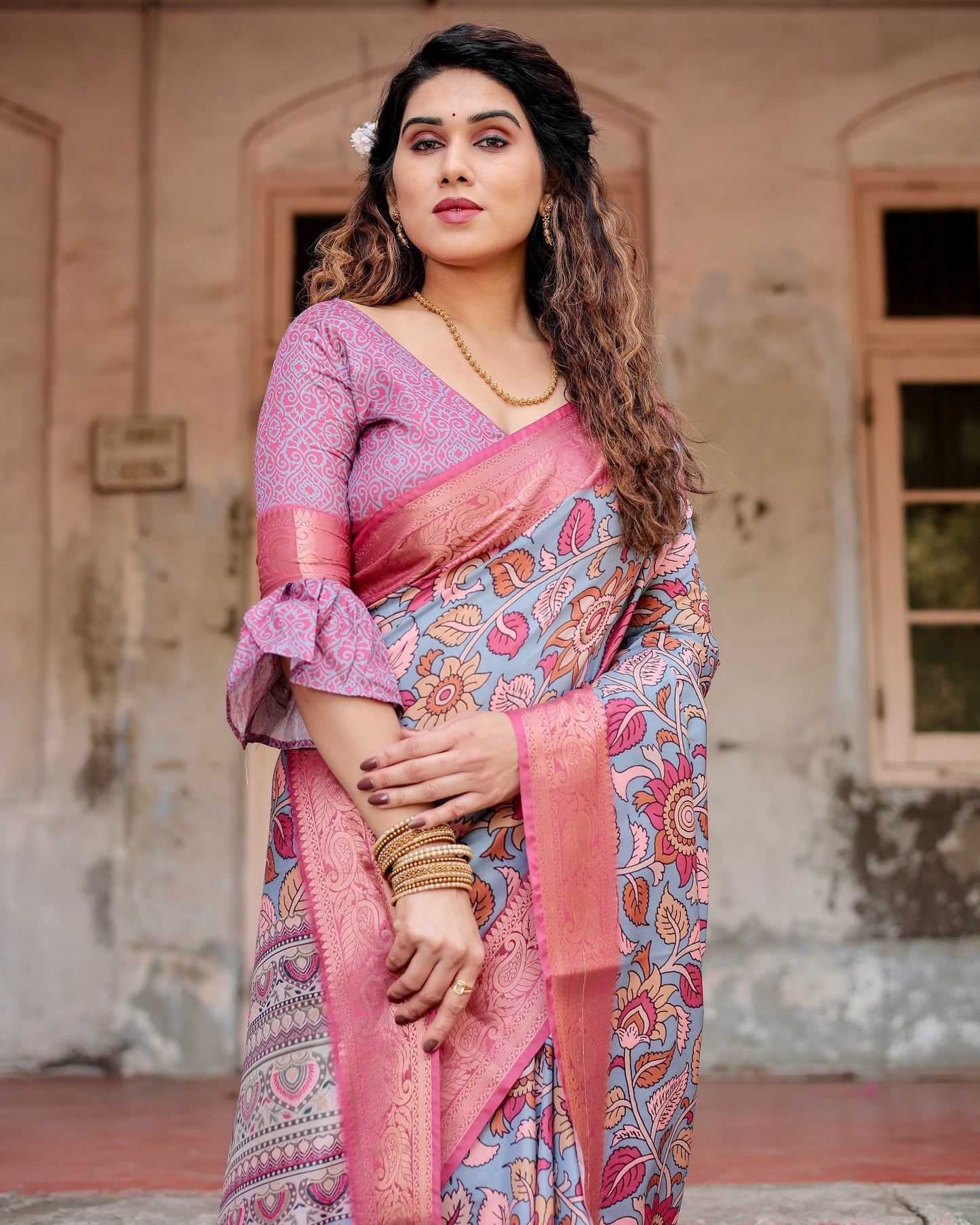PURE SILK DIGITALLY PRINTED SAREE WEAVED WITH GOLDEN ZARI COMES WITH TASSELS