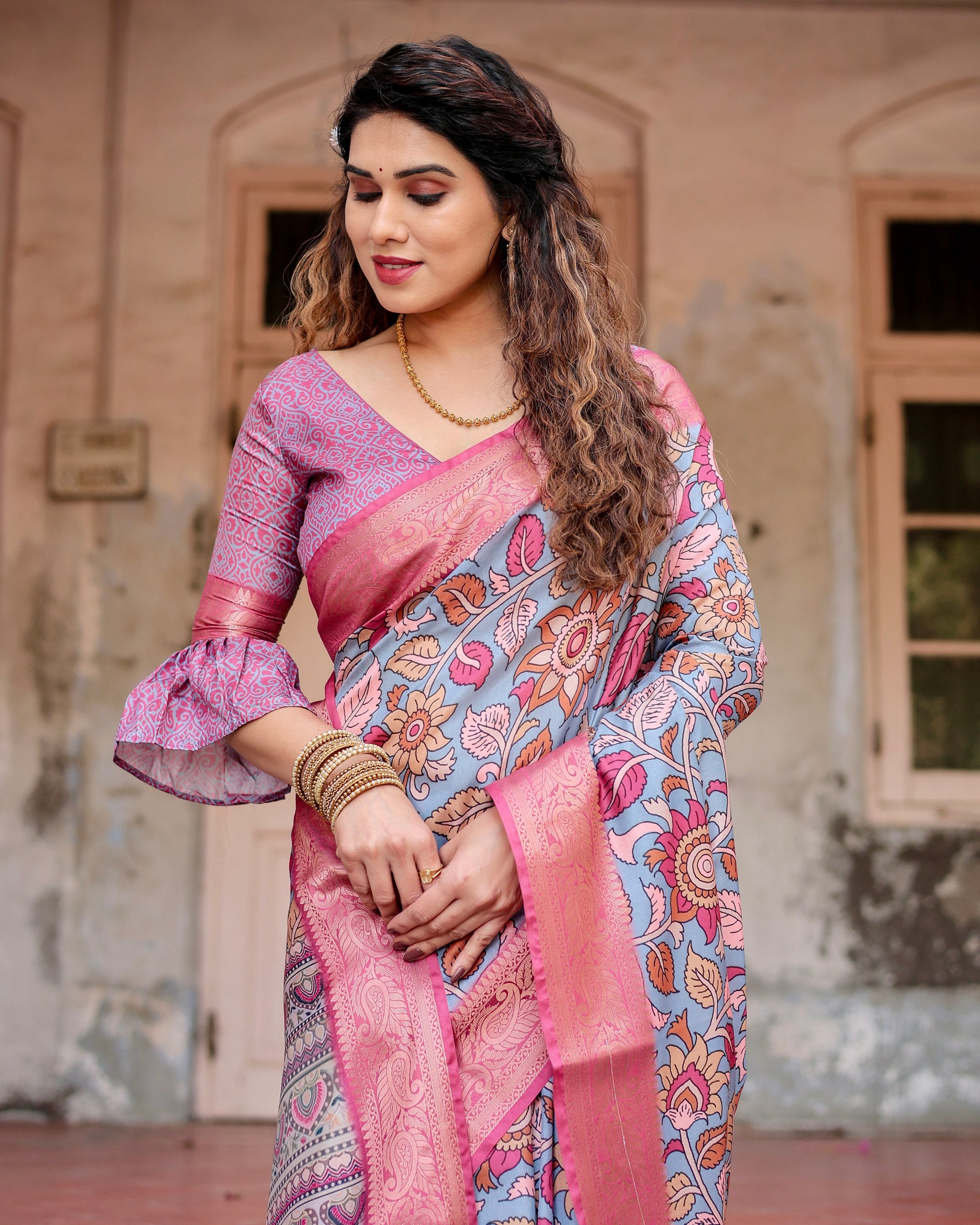 PURE SILK DIGITALLY PRINTED SAREE WEAVED WITH GOLDEN ZARI COMES WITH TASSELS