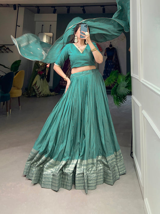 See Green Color Plain With Zari Weaving Work Border Chanderi Wedding Lehenga Choli