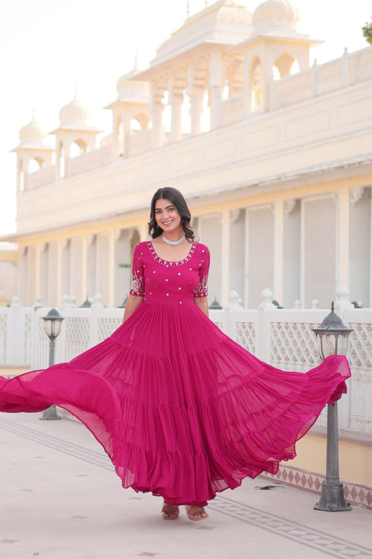 Pink Faux Blooming with Embroidery Zari Sequins Work Gown