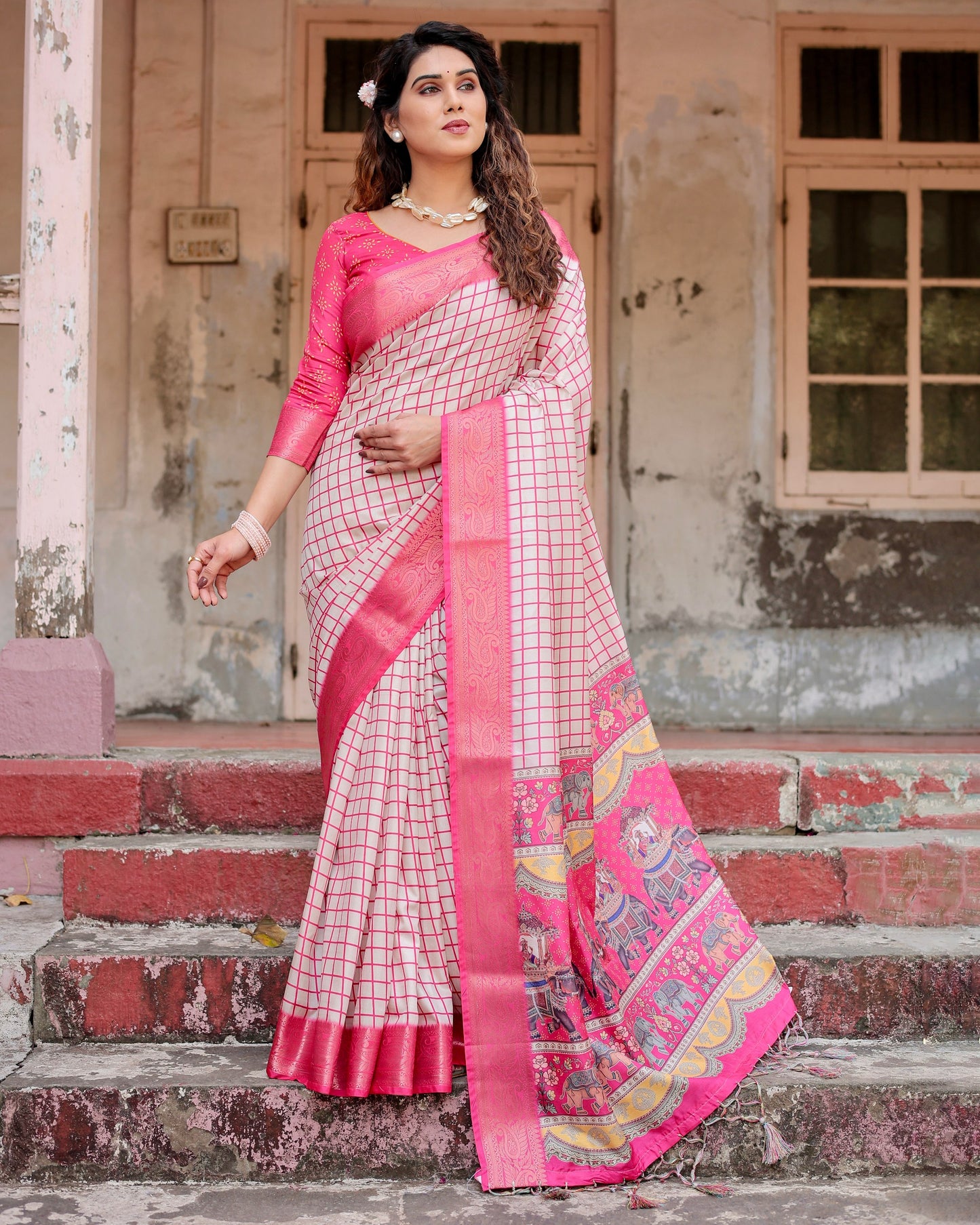 PURE SILK DIGITALLY PRINTED SAREE WEAVED WITH GOLDEN ZARI COMES WITH TASSELS