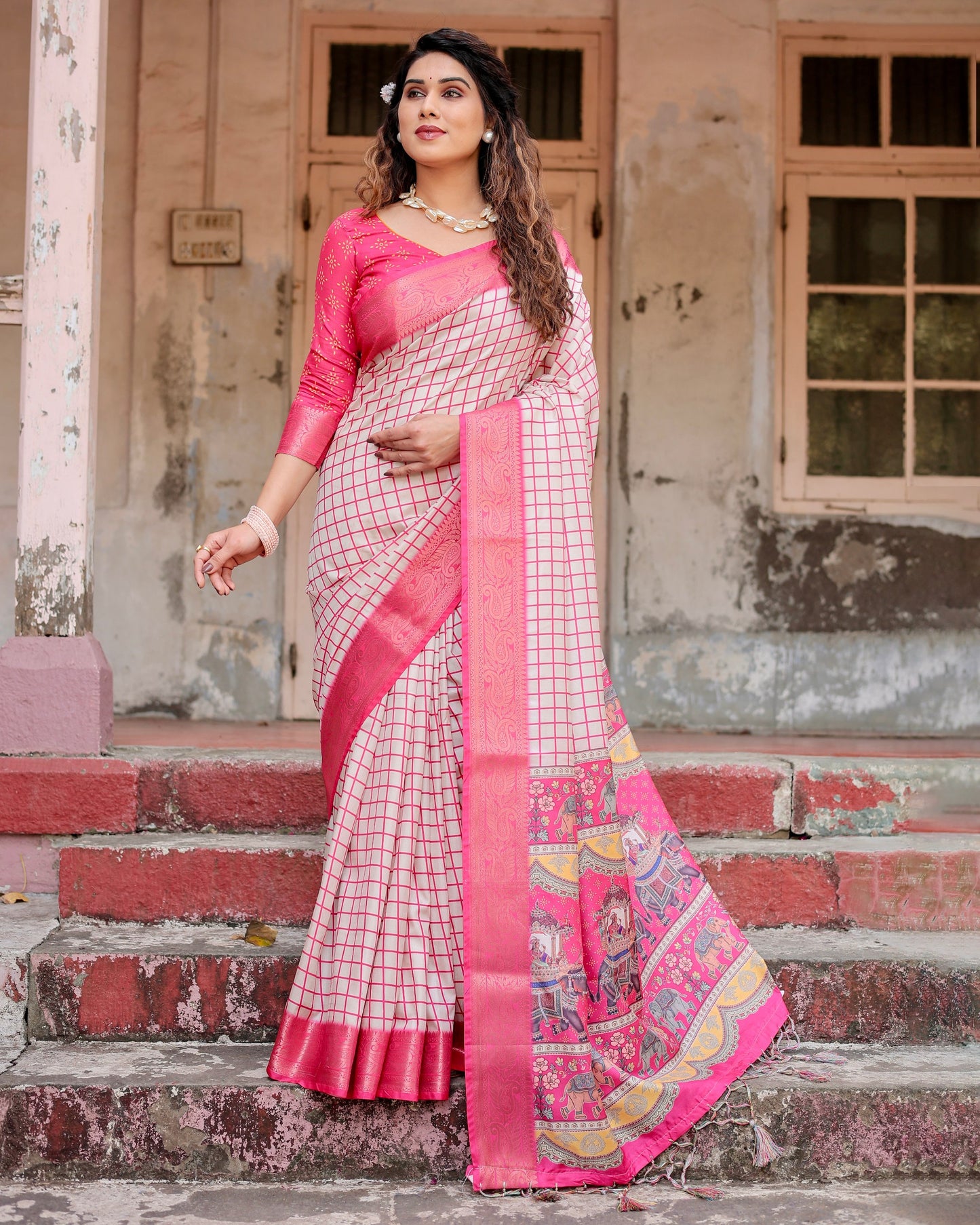 PURE SILK DIGITALLY PRINTED SAREE WEAVED WITH GOLDEN ZARI COMES WITH TASSELS
