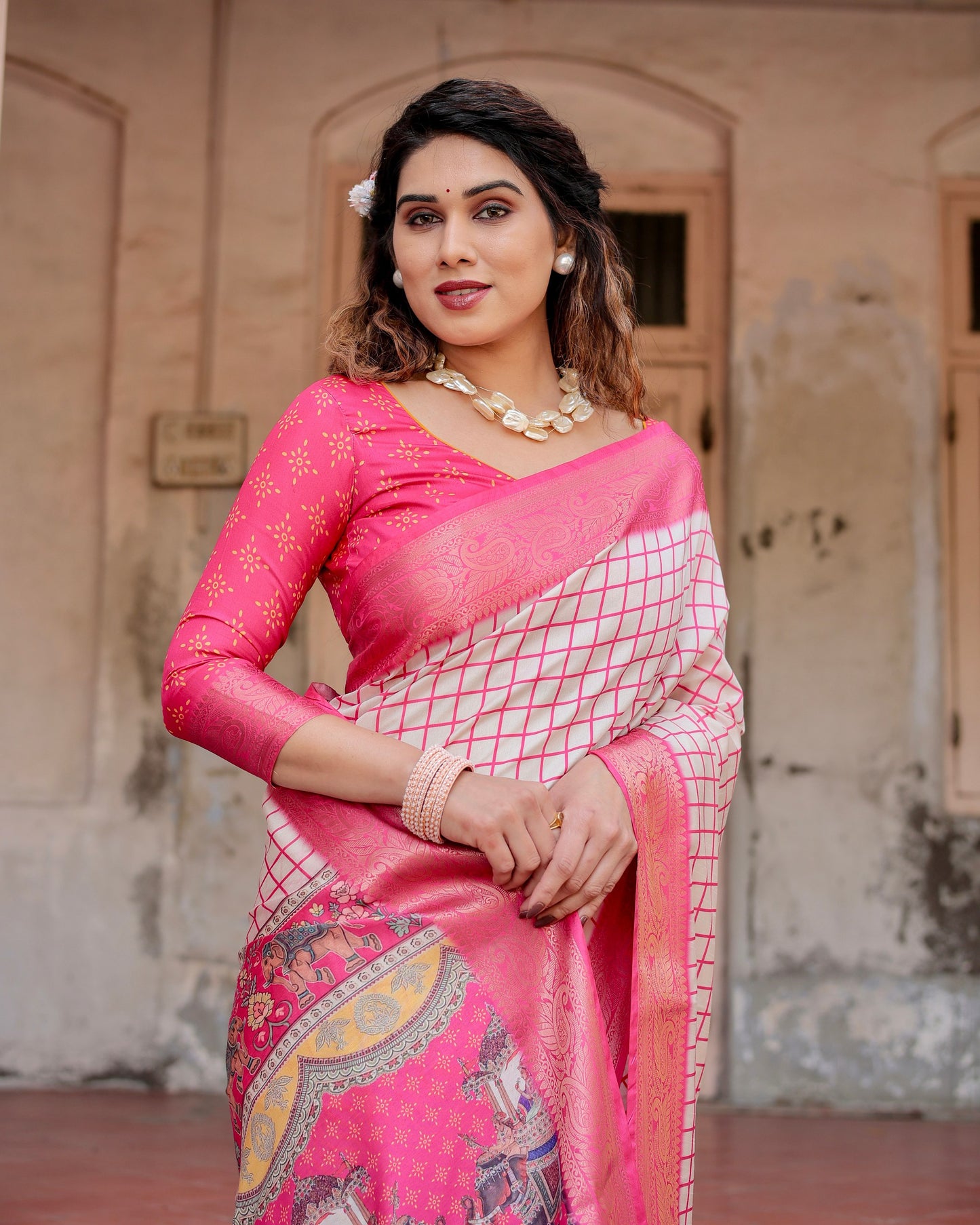 PURE SILK DIGITALLY PRINTED SAREE WEAVED WITH GOLDEN ZARI COMES WITH TASSELS