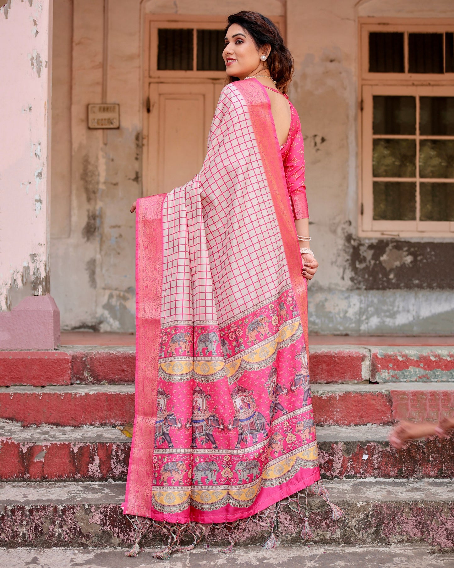 PURE SILK DIGITALLY PRINTED SAREE WEAVED WITH GOLDEN ZARI COMES WITH TASSELS