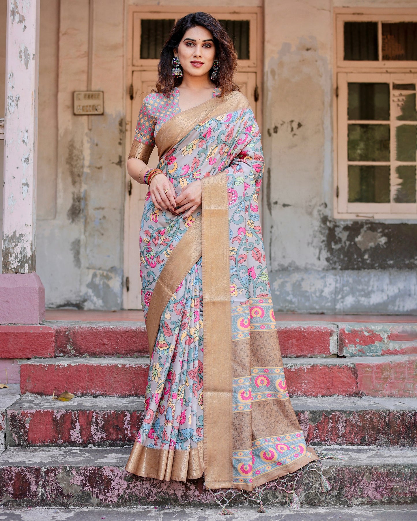 PURE SILK DIGITALLY PRINTED SAREE WEAVED WITH GOLDEN ZARI COMES WITH TASSELS