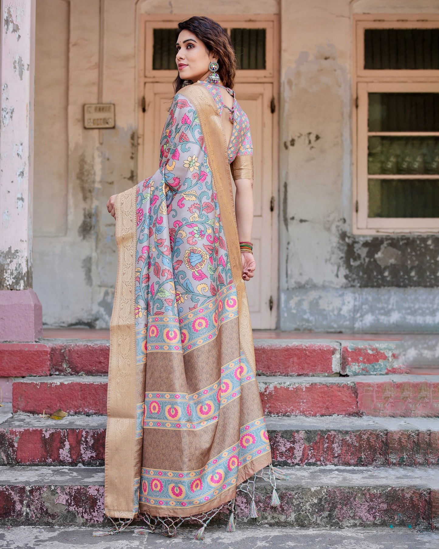 PURE SILK DIGITALLY PRINTED SAREE WEAVED WITH GOLDEN ZARI COMES WITH TASSELS
