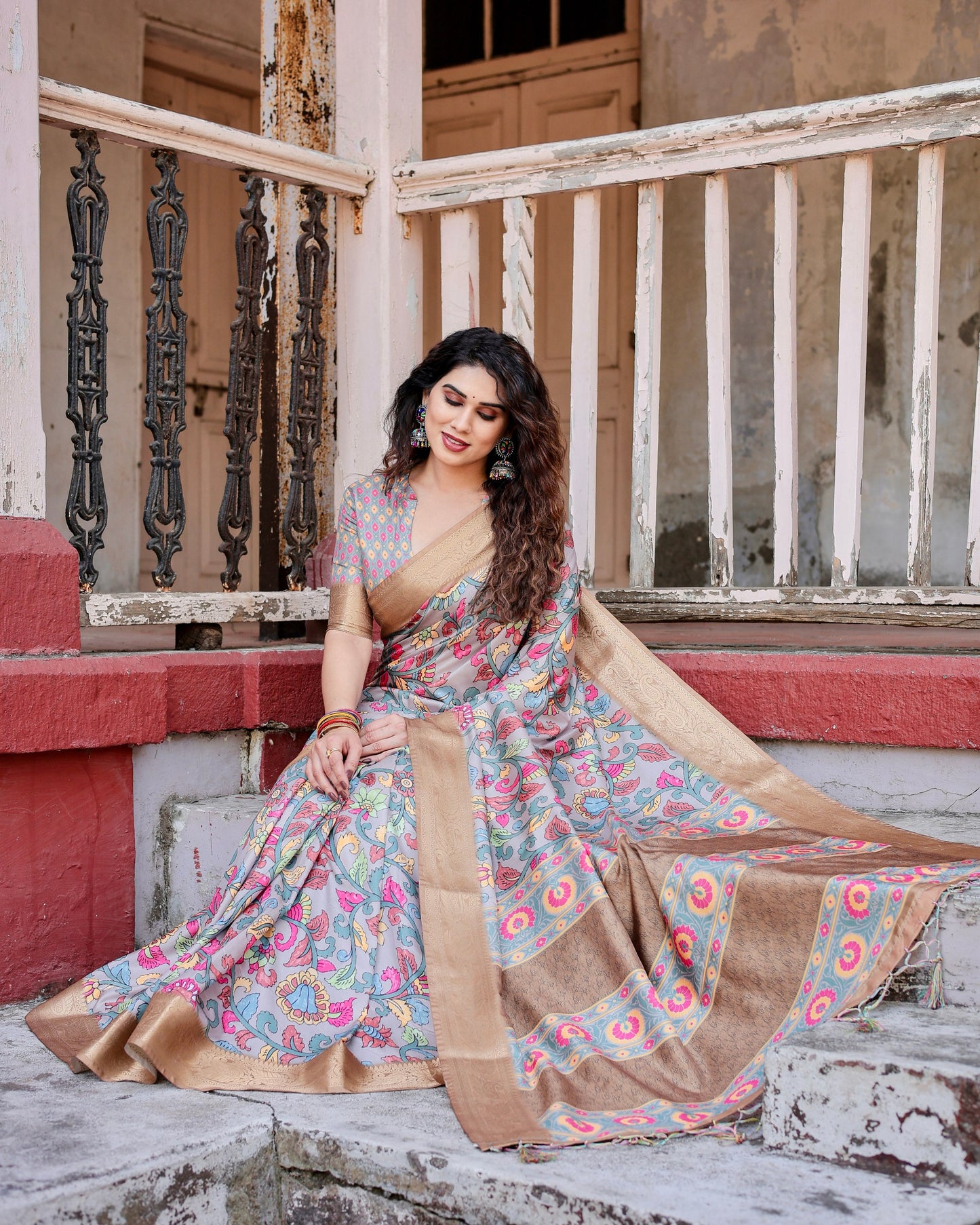 PURE SILK DIGITALLY PRINTED SAREE WEAVED WITH GOLDEN ZARI COMES WITH TASSELS