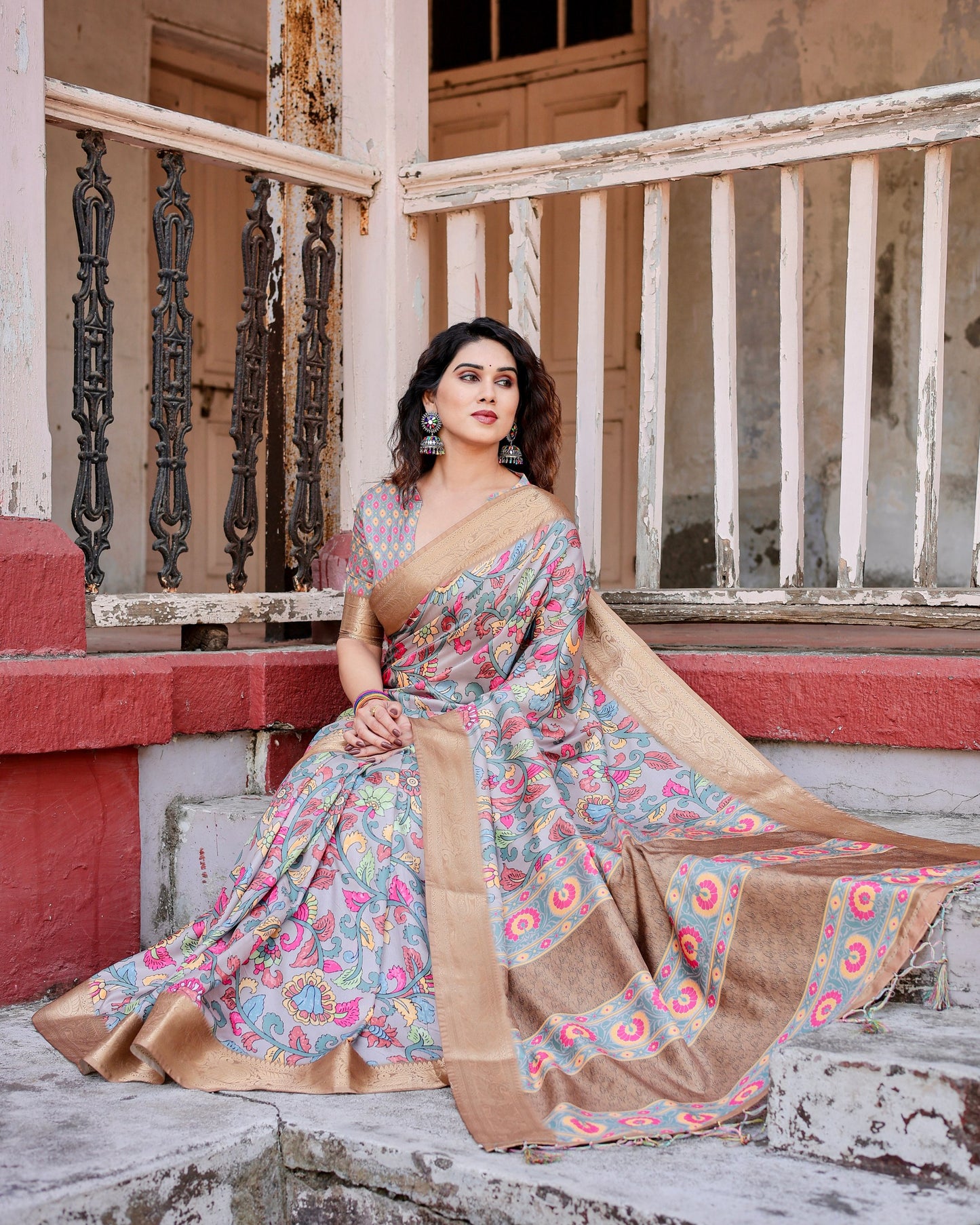 PURE SILK DIGITALLY PRINTED SAREE WEAVED WITH GOLDEN ZARI COMES WITH TASSELS