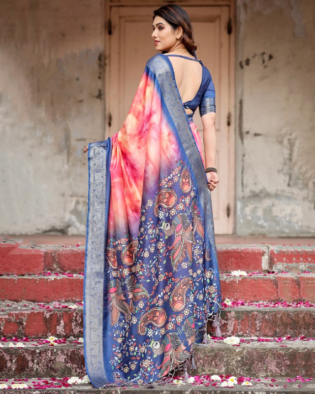 PURE SILK DIGITALLY PRINTED SAREE WEAVED WITH GOLDEN ZARI COMES WITH TASSELS