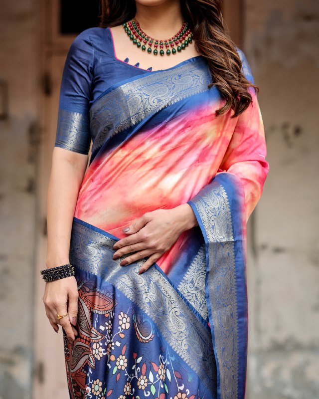PURE SILK DIGITALLY PRINTED SAREE WEAVED WITH GOLDEN ZARI COMES WITH TASSELS