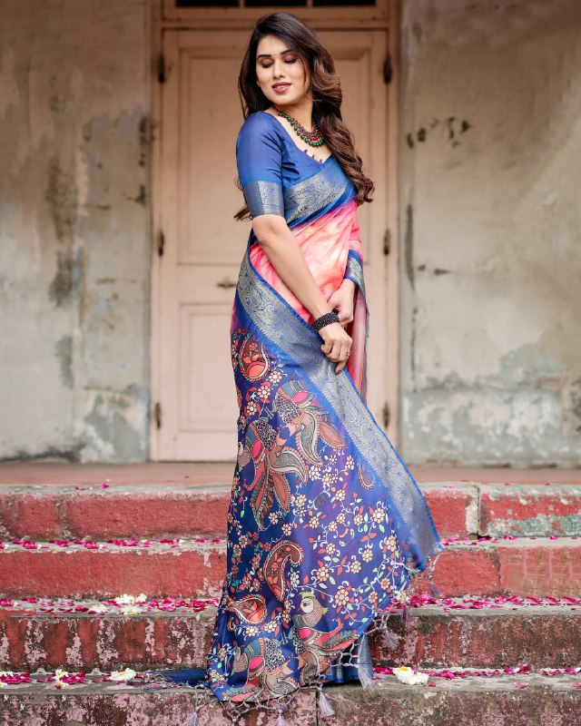 PURE SILK DIGITALLY PRINTED SAREE WEAVED WITH GOLDEN ZARI COMES WITH TASSELS