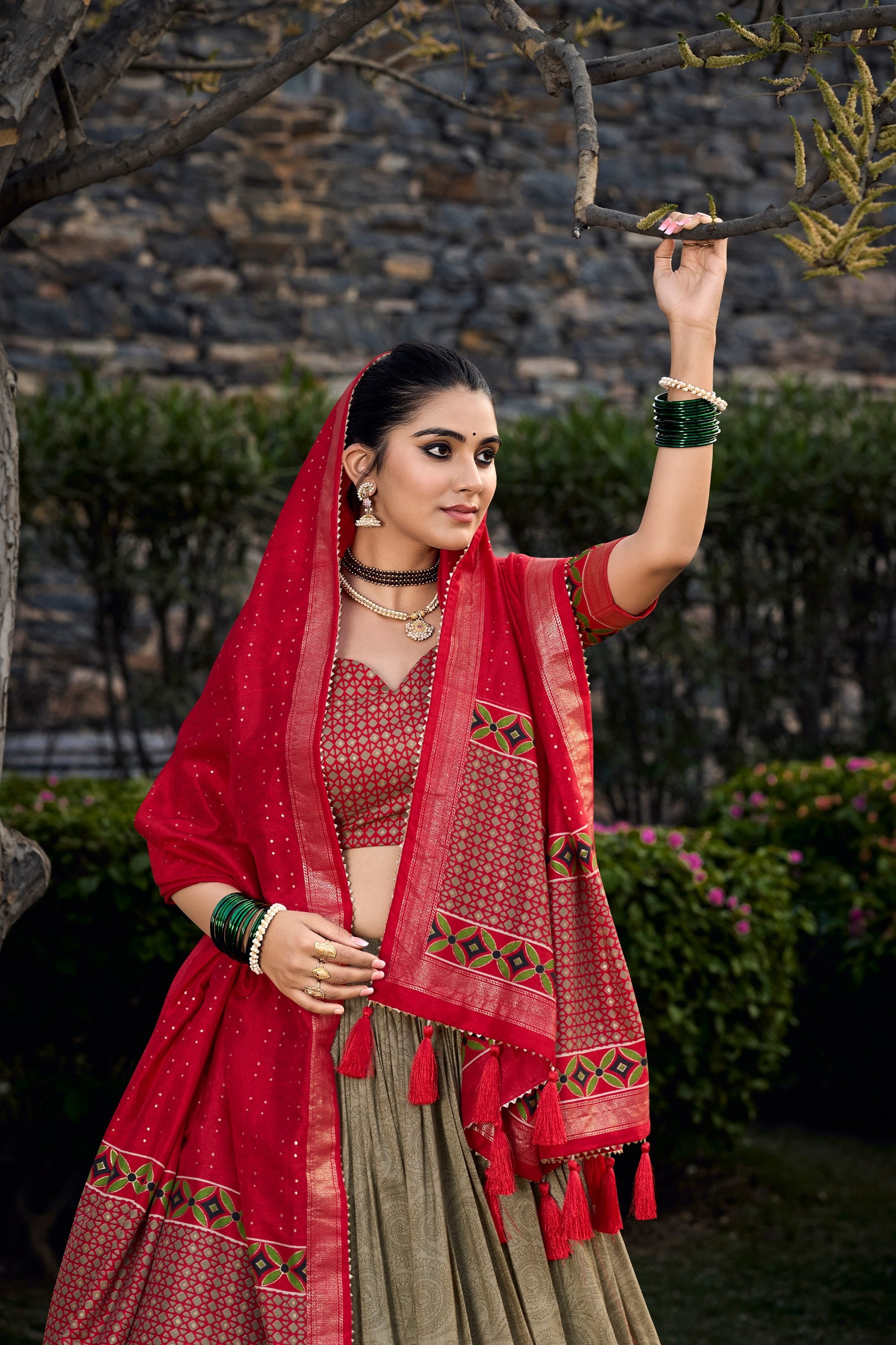 Mehandi Color Floral Print With Foil Print Tussar Silk Lehenga Choli
