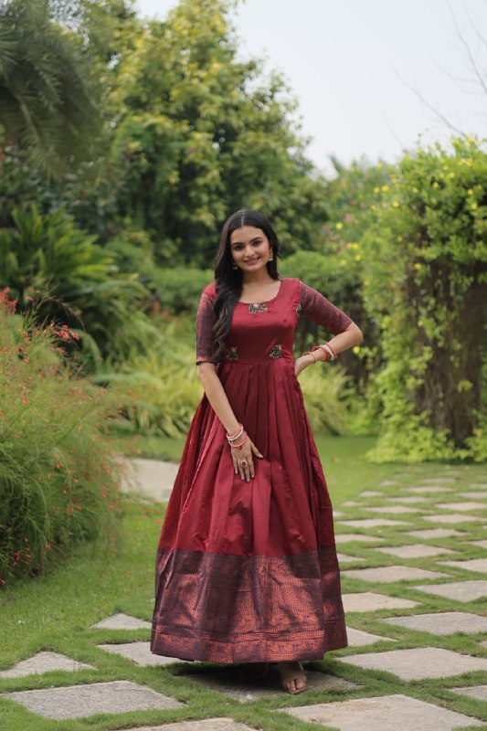 Maroon Banarasi Jacquard Silk With Texture Designer Weaving Design Gown