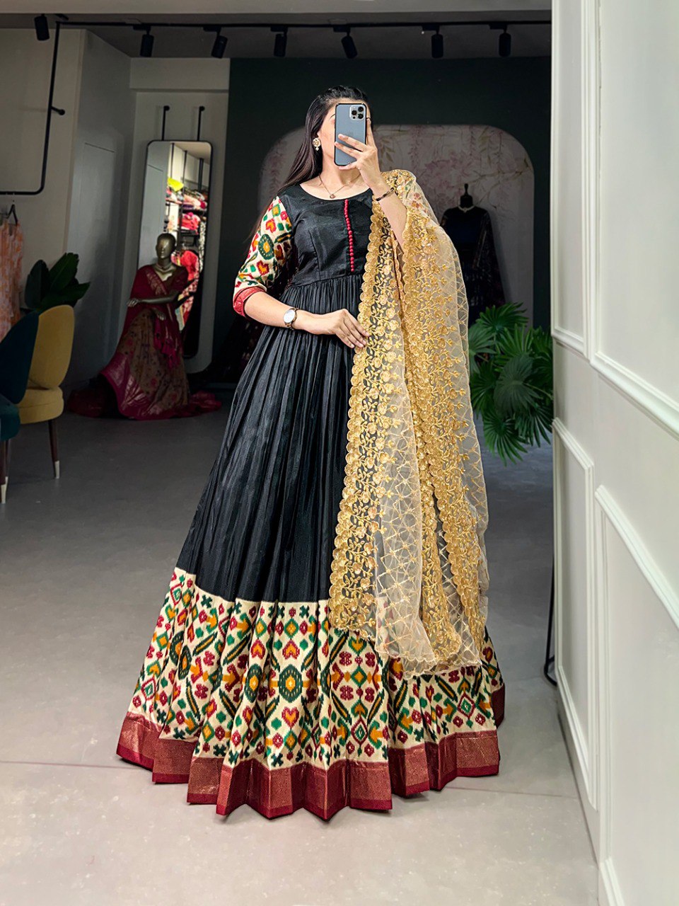 Black Color Foil Printed Dola Silk Dress