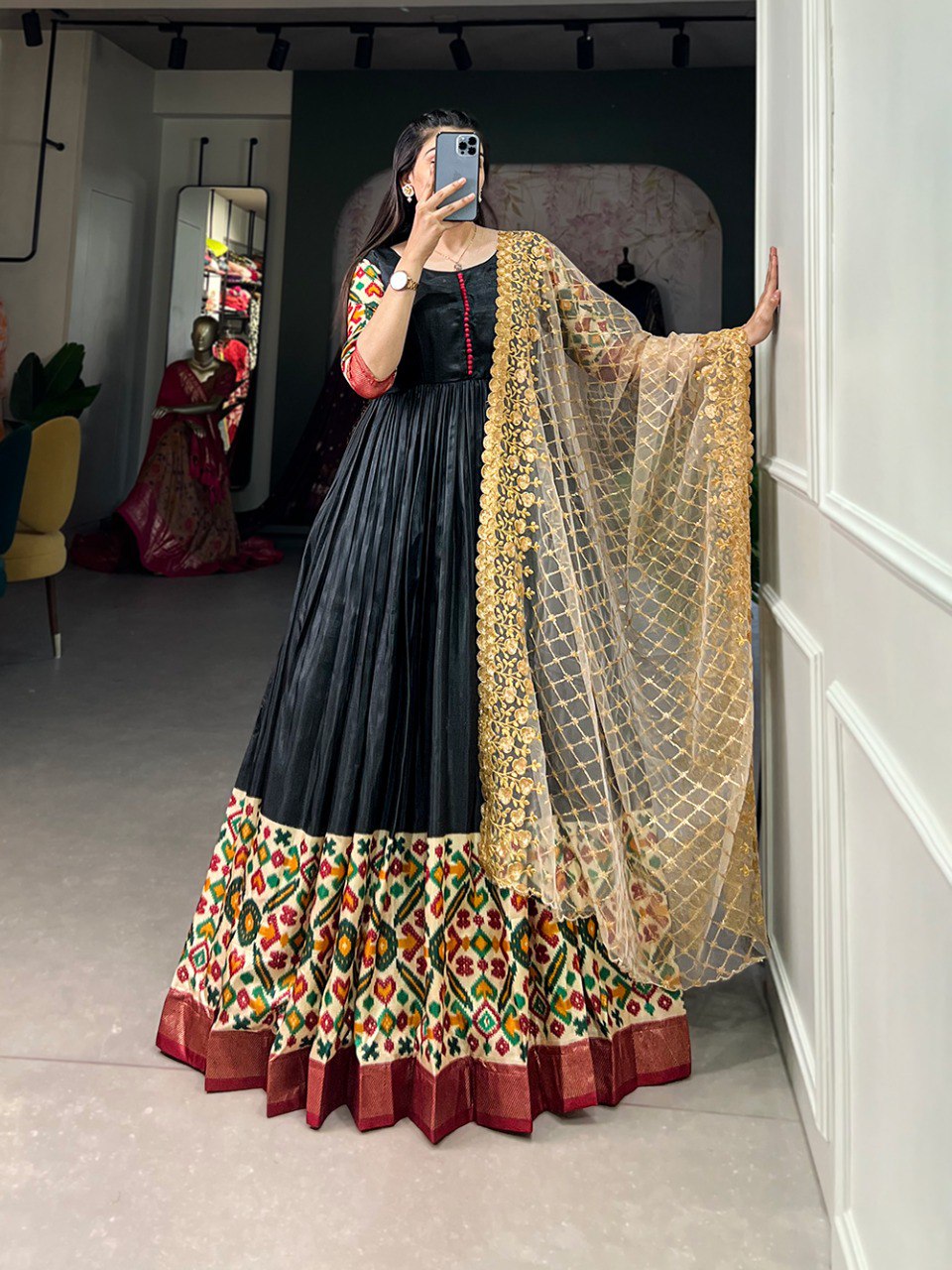 Black Color Foil Printed Dola Silk Dress