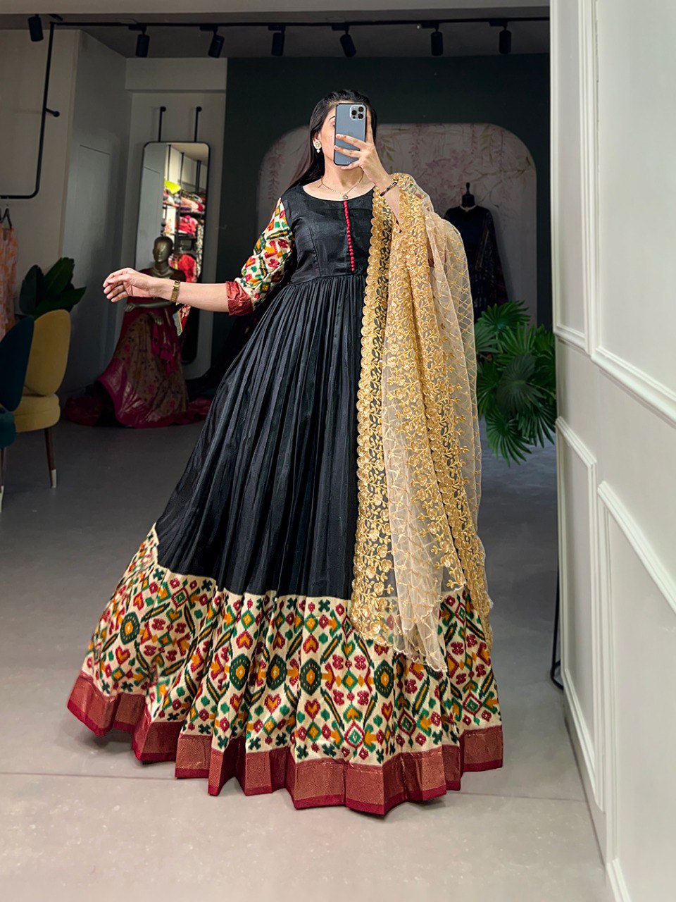 Black Color Foil Printed Dola Silk Dress
