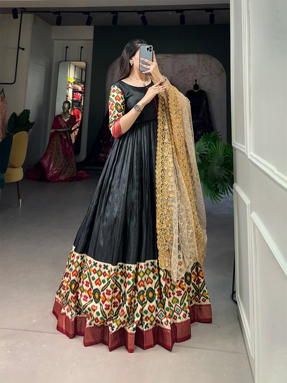 Black Color Foil Printed Dola Silk Dress