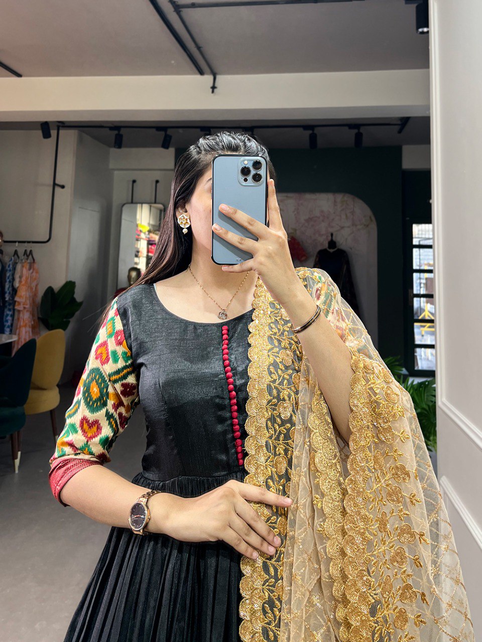 Black Color Foil Printed Dola Silk Dress