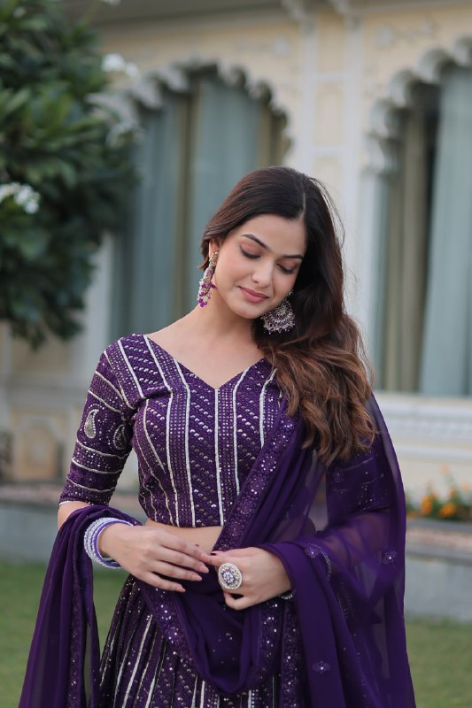 Purple Color Faux Blooming With Heavy Sequins Zari Embroidered work Lehenga