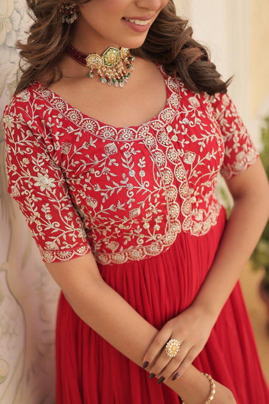 Red Luxury Clothing Faux Blooming With Embroidery Zari Sequins-Work Gown