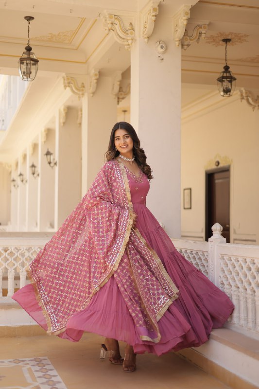 Onion Color Designer Festive Wear Gown featuring Attractive Sequins Embroidery Work Gown