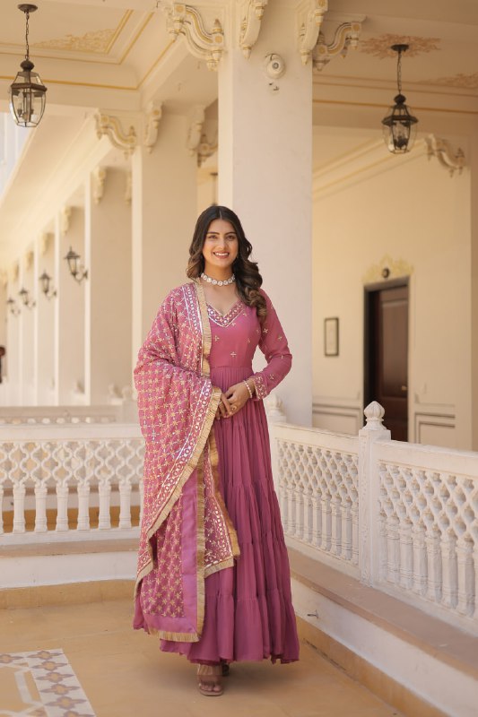 Onion Color Designer Festive Wear Gown featuring Attractive Sequins Embroidery Work Gown