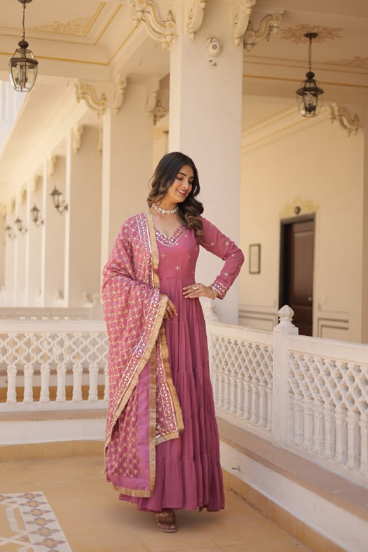 Onion Color Designer Festive Wear Gown featuring Attractive Sequins Embroidery Work Gown