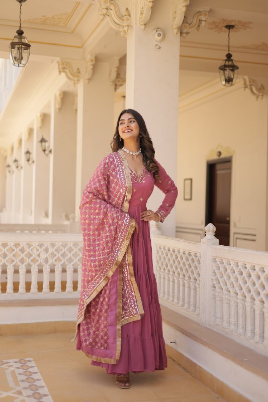 Onion Color Designer Festive Wear Gown featuring Attractive Sequins Embroidery Work Gown