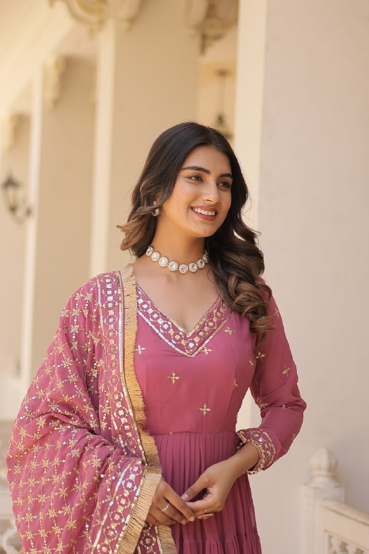 Onion Color Designer Festive Wear Gown featuring Attractive Sequins Embroidery Work Gown