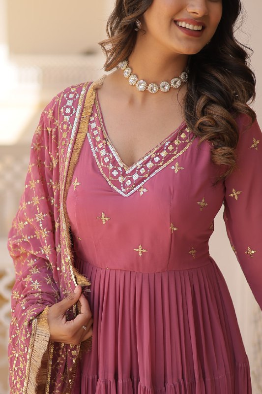 Onion Color Designer Festive Wear Gown featuring Attractive Sequins Embroidery Work Gown