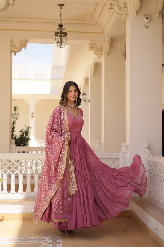 Onion Color Designer Festive Wear Gown featuring Attractive Sequins Embroidery Work Gown