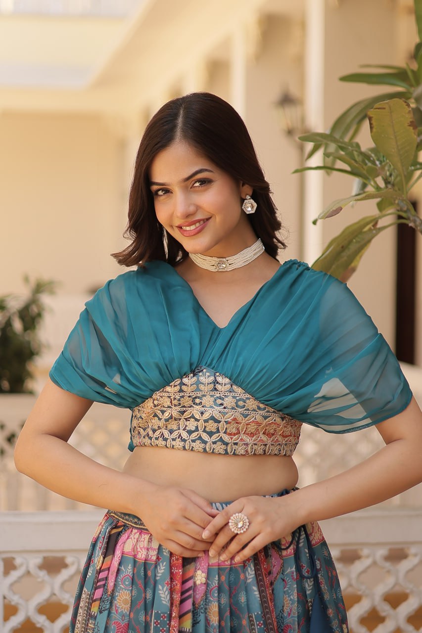 Rama Russian Silk Rich Digital Printed With Foil Embroidery Work Lehenga