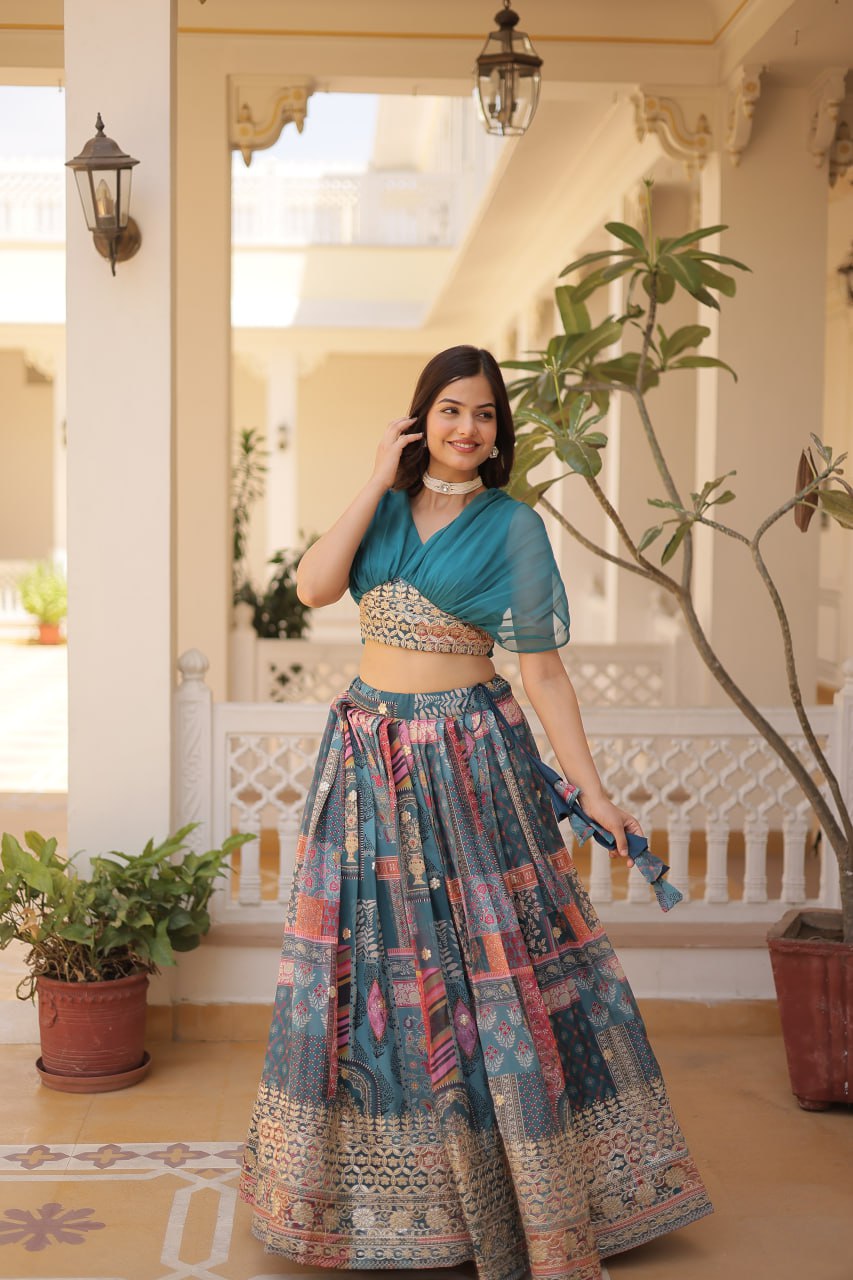 Rama Russian Silk Rich Digital Printed With Foil Embroidery Work Lehenga