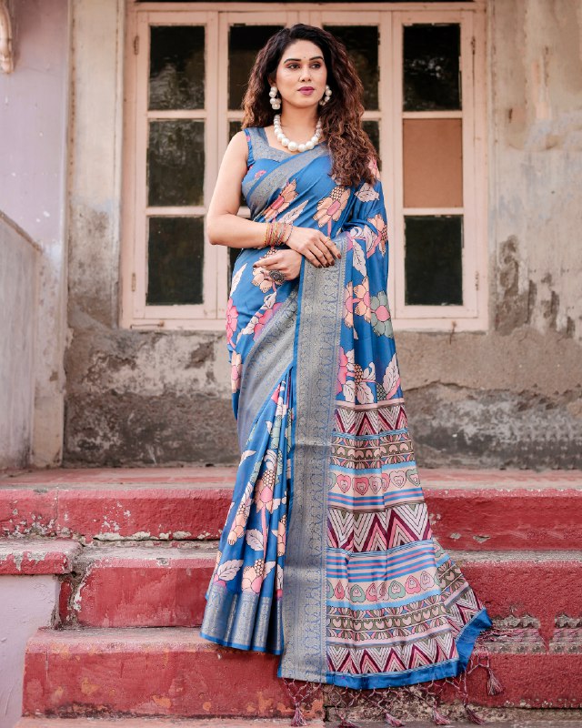 PURE SILK DIGITALLY PRINTED SAREE WEAVED WITH GOLDEN ZARI COMES WITH TASSELS