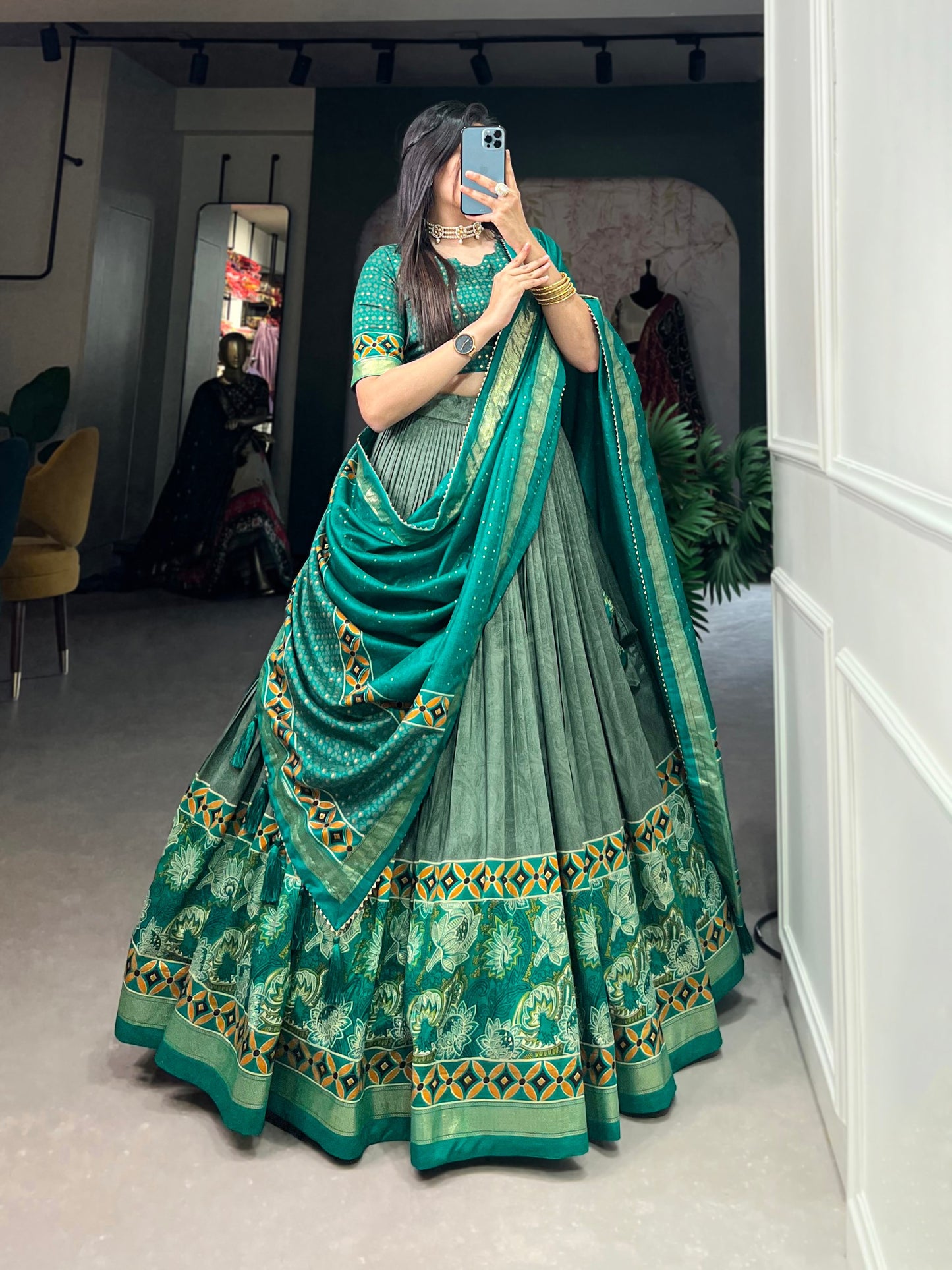 See Green Color Floral Print With Foil Print Tussar Silk Lehenga Choli