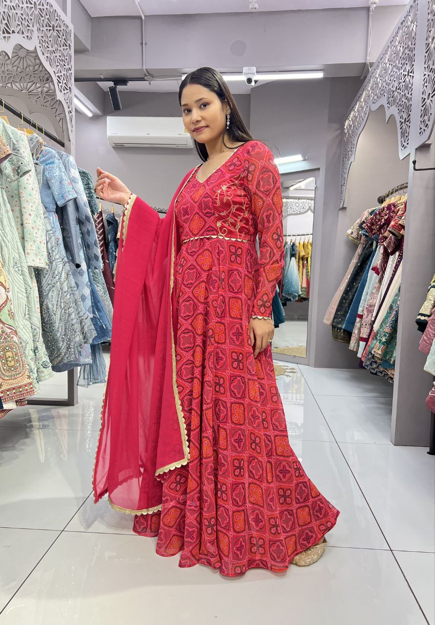 Designer Rani Color Heavy Digital Print Embroidery Zari Work Bandhani Gown