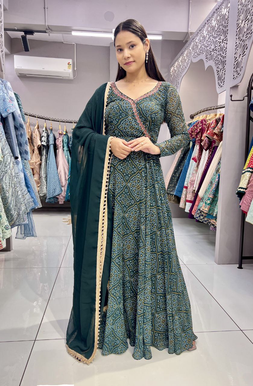 Green Color Heavy Digital Print and Hand Work Bandhani Gown