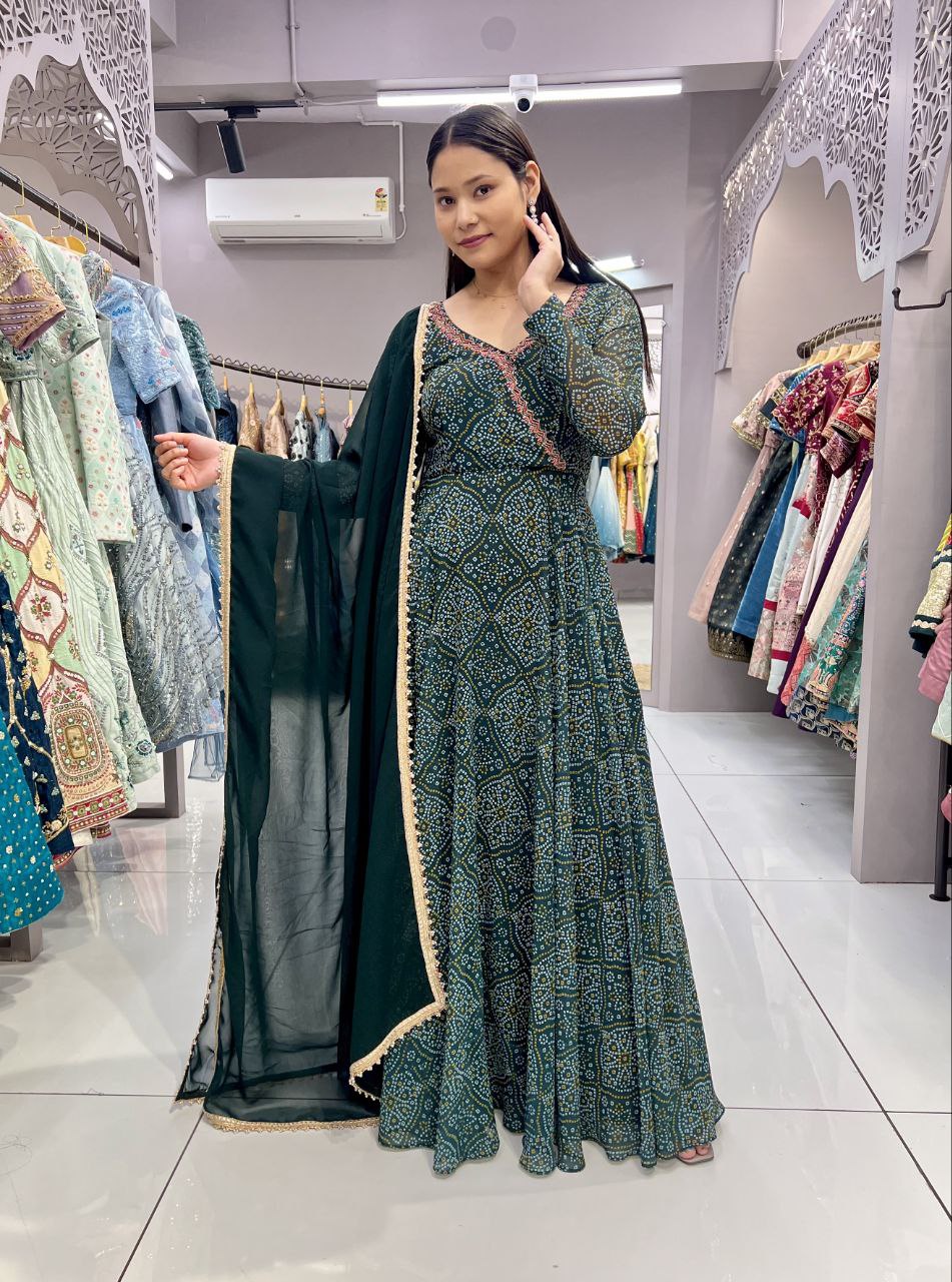 Green Color Heavy Digital Print and Hand Work Bandhani Gown