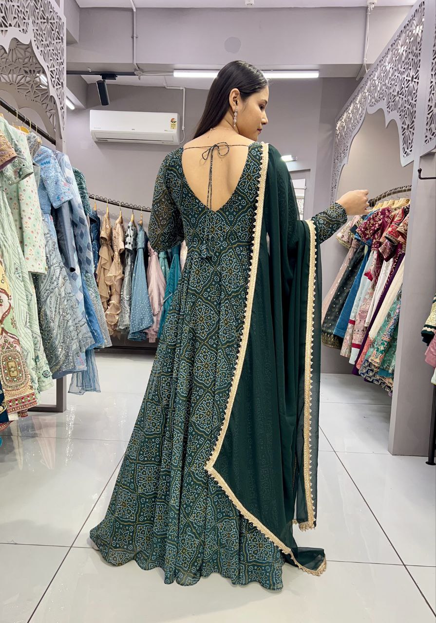 Green Color Heavy Digital Print and Hand Work Bandhani Gown