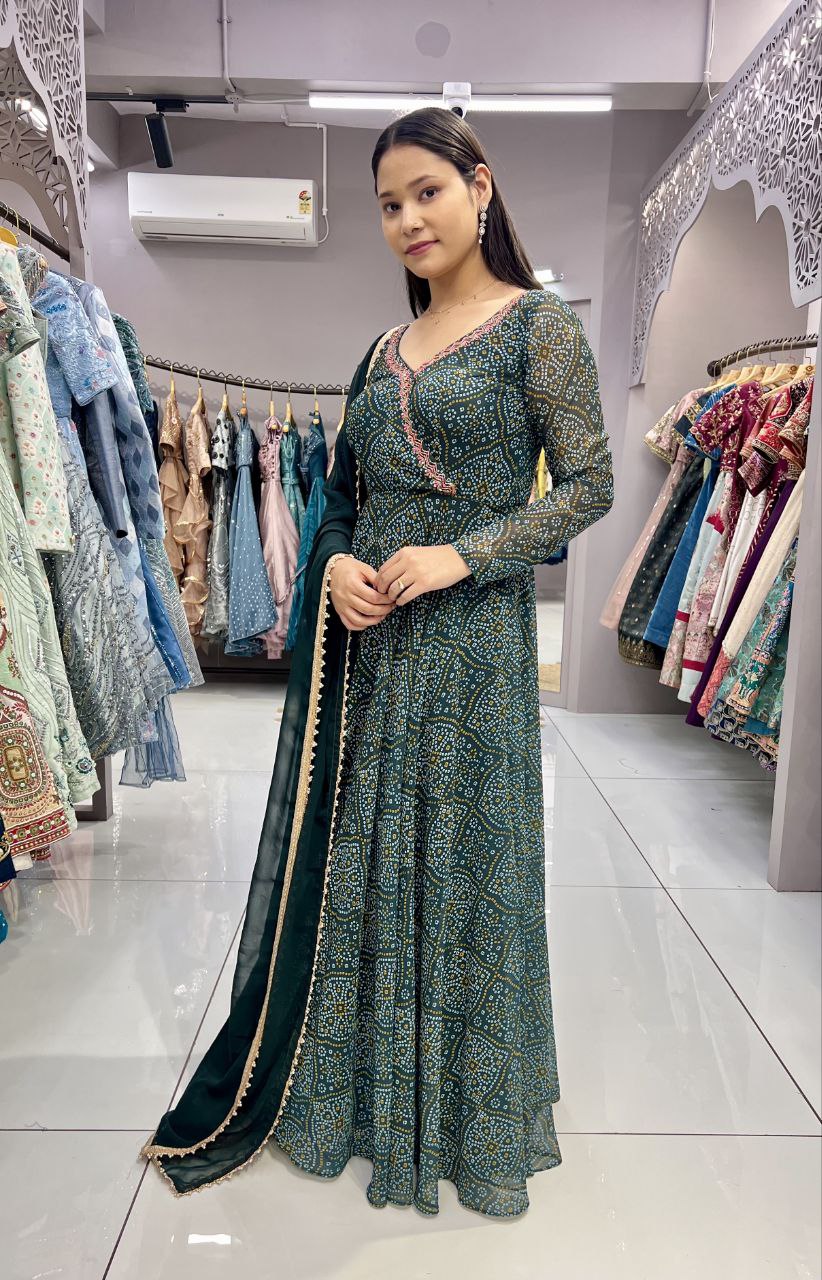 Green Color Heavy Digital Print and Hand Work Bandhani Gown
