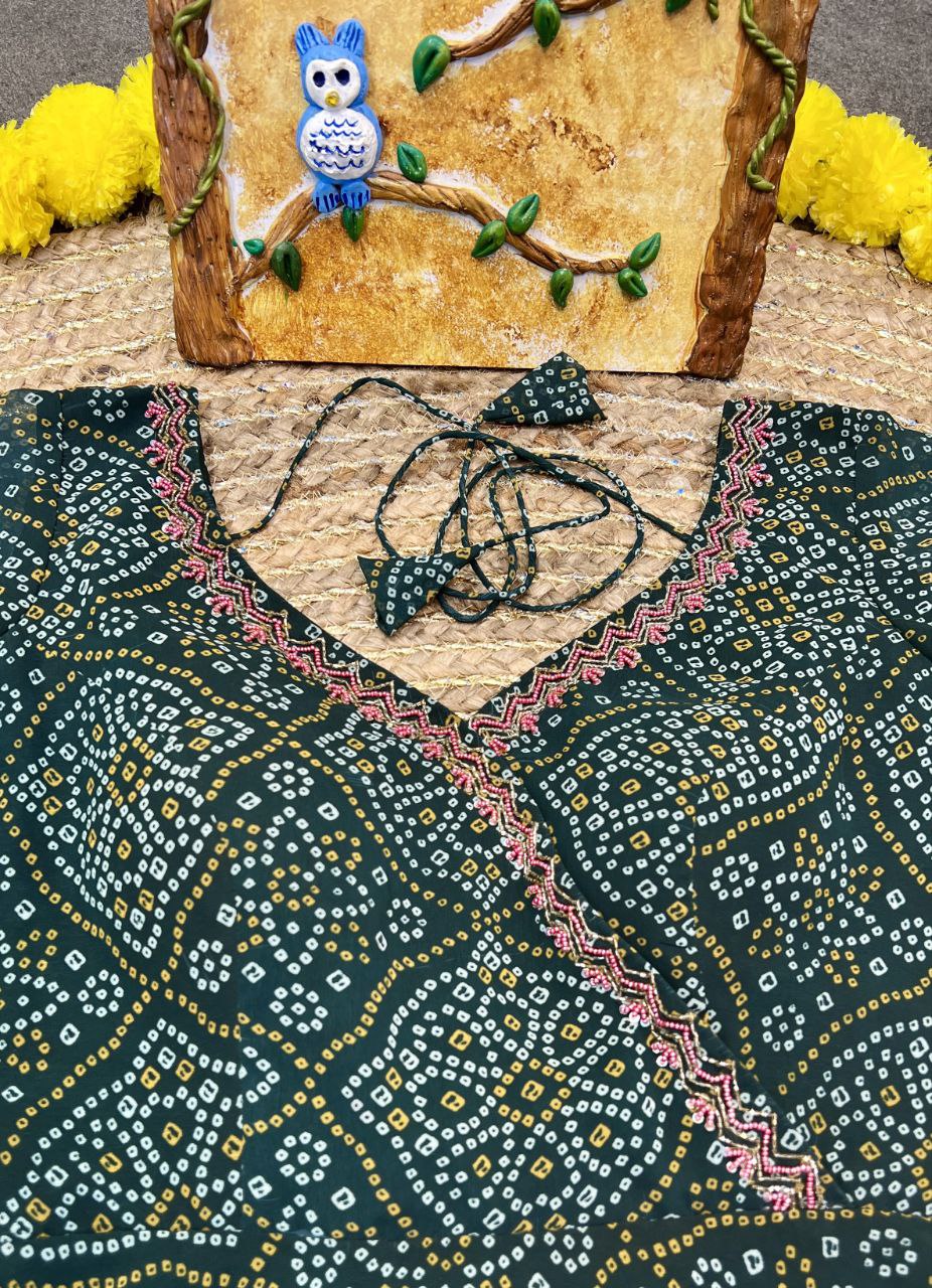Green Color Heavy Digital Print and Hand Work Bandhani Gown